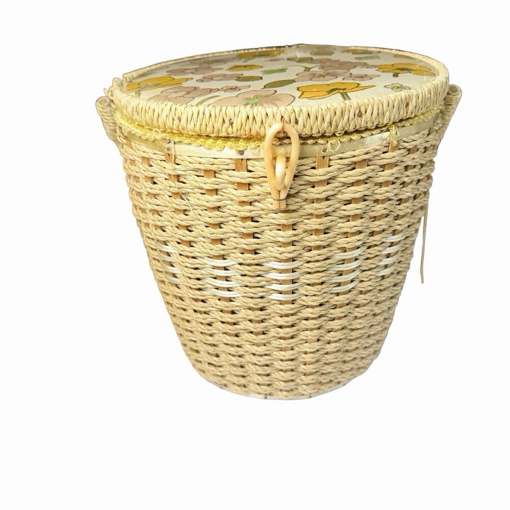 Dritz Sewing Basket Mid Century MCM Yellow Floral Pattern Retro 1970's Ditsy